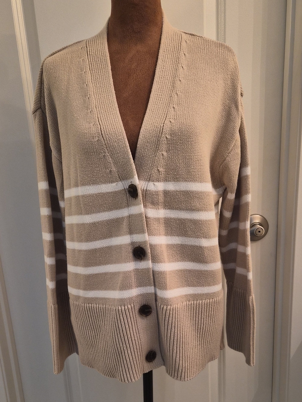 GAP Beige and White Striped V-Neck Button-Up Cardigan